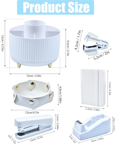 LXEVIHK White Desk Accessories, Office Supplies 360°Pen Holder Desk Organizers, With Tape Dispenser, Stapler, Staple Remover, Ect, Infuse Your Space With Porcelain Serenity, Back to School - color: White
