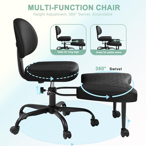 GUNJI Ergonomic Criss Cross Legged Office Chair, 360° Swivel Meditation Kneeling Chair with Wheels, ADHD Chair with Footrest, Lumbar Support, Wider Height Adjustable Seat (Black, Faux Leather) - color: Black