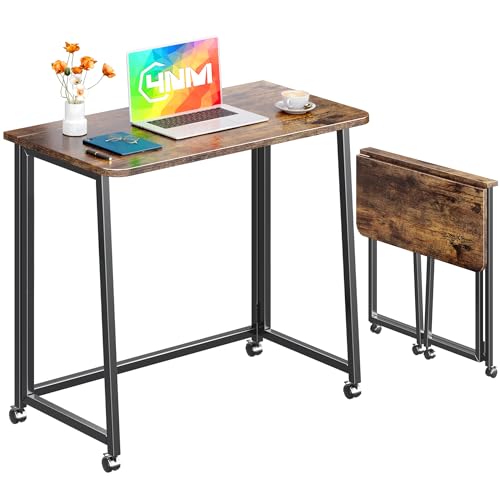 4NM 31.5" Mobile Small Folding Desk, Foldable Rolling Computer Home Office Desk, Study Writing Table for Small Space Saving Bedroom, with Wheels - Rustic Brown and Black - color: Rustic Brown and Black, size: 31.5"W x 15.7"D