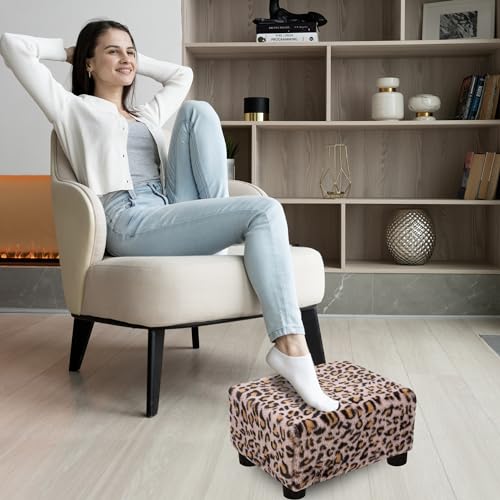 CAROLMADE Small Foot Stool Ottoman Footstool with Legs Under Desk Footrest for Living Room Bedroom and Office, Faux Fur Pink - color: Leopard Print Pink, size: 11"d X 15.4"w X 8.3"h