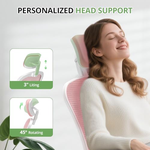 Office Chair Ergonomic Desk Chair, 330LBS Capacity, High Back Computer Design for Long Hours Comfort, Rolling Swivel Executive Task for Home Office with Flip-up Armrests, White Pink