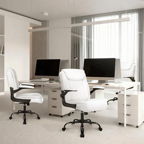 NEO CHAIR PU Leather Office Desk Chair with Adjustable Arms, White | Ergonomic Mid Back Computer Desk Chair Comfy with Wheels Swivel Rolling for Home Office Gaming Study - color: White