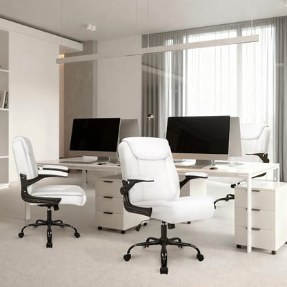 NEO CHAIR PU Leather Office Desk Chair with Adjustable Arms, White | Ergonomic Mid Back Computer Desk Chair Comfy with Wheels Swivel Rolling for Home Office Gaming Study - color: White