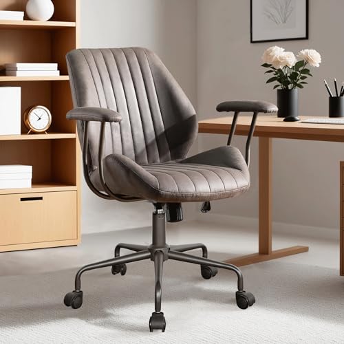 ovios Ergonomic Office Chair, Mid-Back Faux Suede Fabric Executive Chair with Padded Armrest, Mid-Century Modern Comfy Swivel Rolling Computer Desk Chairs, Gray - color: Grey, size: Mid Back, Regular Cushion