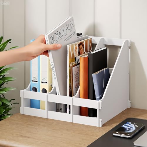 Bamboo Desk File Organizer, 3-Compartment Magazine Holder(White) | 3 vertical compartments organize files, folders, magazines and mail while saving valuable desk space. - color: White