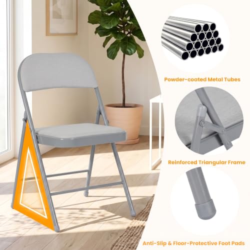 4 Pack Folding Chairs with Padded Cushion and Back, Fabric Dining Chair Set with Steel Frame, Indoor Outdoor Stackable Commercial Seat for Home Office Wedding Parties Banquets Events, Gray - color: Grey