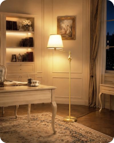 Vintage Floor Lamp with 350°Adjustable Swing Arm, 61” Mid-Century Modern Floor Lamp, Farmhouse Standing Pole Lamp, Antique Reading Lamp for Living Room, Bedroom, Office, Linen Shade, Gold DE13LD05 - color: Gold