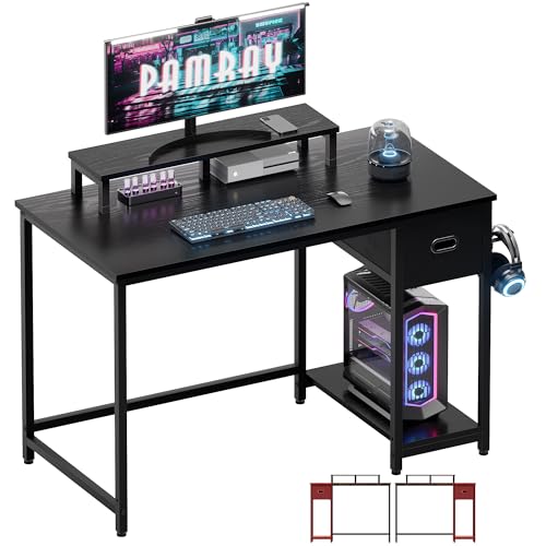 Pamray 39 Inch Small Computer Desk with Monitor Stand and Drawer for Gaming | Small Gaming Desk, for Bedroom Small Spaces, Home Office, Dorm and Apartment, for Writing, Study and Working - color: Black