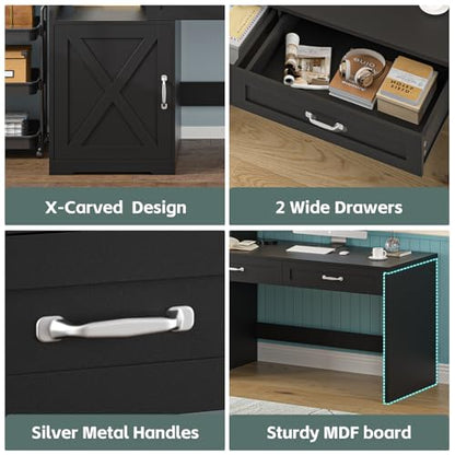 60" Computer Desk with Drawers & Bookshelves for Bedroom, Home Office - color: Black