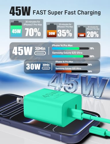 45W iPhone 17 16 15 Charger Fast Charging, 2 Pack Dual Port USB C Charger - color: Green, size: 2pack-(3+6+6+10)ft