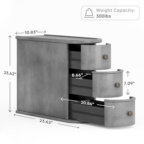 Wood End Table with 3 Drawers, No Assembly Required Narrow Sofa Side Table for Living Room, Vintage Slim Nightstand Bedside Table Bedroom (3 Drawers, Grey, 1Pc) - color: Grey, size: 1Pc, style: 3 Drawers