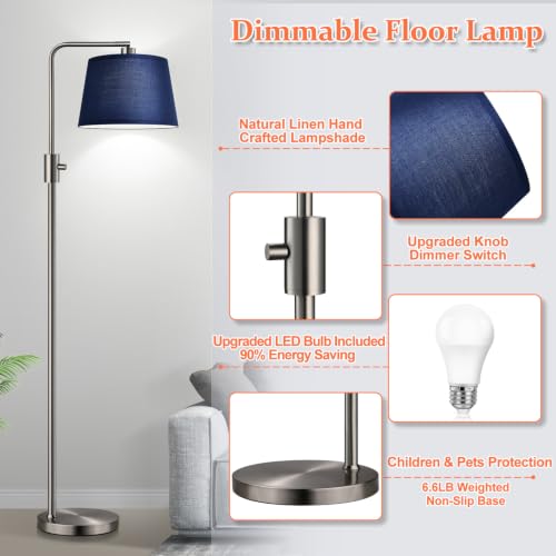 Nintiue Dimmable Floor Lamp, 1000 Lumens LED Edison Bulb Included, Brushed Nickel Arc Standing Tall Floor Lamp with Blue Shade for Living Room Bedroom Office Dining Room - color: Brushed Nickel-Blue Shade
