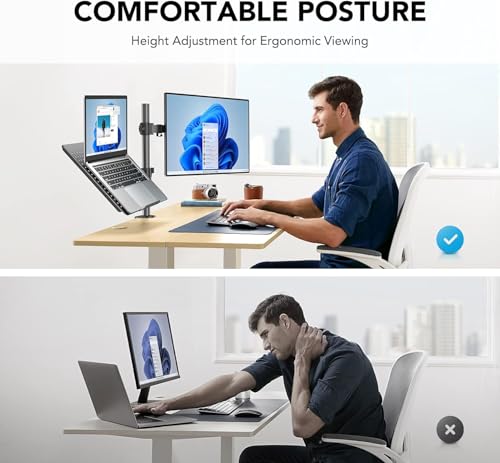 HUANUO Adjustable Monitor Arm with Laptop Tray, Single Desk Mount for 13-32" VESA Monitors up to 22 lbs, 14" x 12" Laptop Tray
