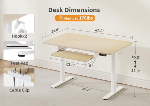 Claiks Electric Standing Desk 48x24 Inches with Keyboard Tray Natural | Splice board, 28.3-46.5 inch height range, 3 memory presets, 45dB quiet motor, 176LBS capacity, sturdy steel frame - color: Nature