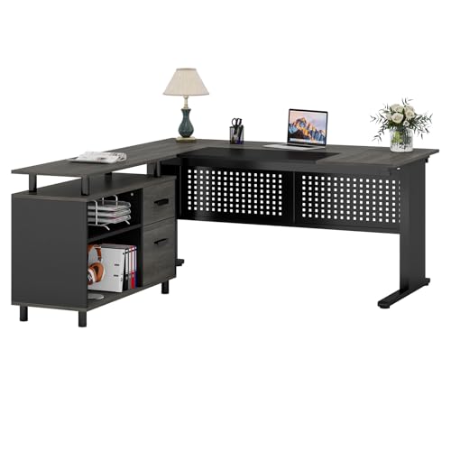 Tribesigns 63 Inch Executive Desk with File Cabinet, Large Office Desk | L Shaped Desk with File Drawer, Computer Table Desk with Storage, Large Desk for Home Office, Easy Assembly, Gray and Black - color: Gray and Black