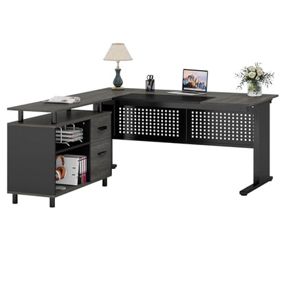 Tribesigns 63 Inch Executive Desk with File Cabinet, Large Office Desk | L Shaped Desk with File Drawer, Computer Table Desk with Storage, Large Desk for Home Office, Easy Assembly, Gray and Black - color: Gray and Black