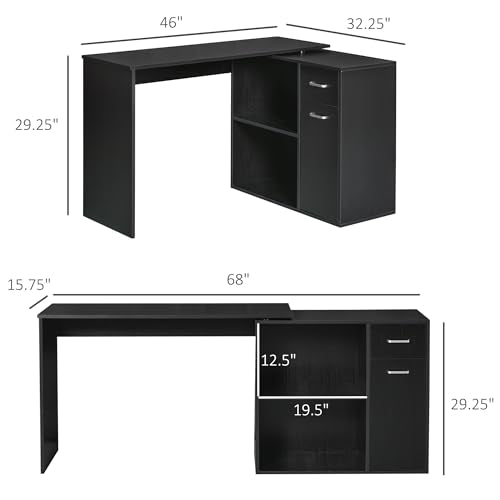 HOMCOM L Shaped Computer Desk 180° Rotating 47.25"x19.75"x 53.75", Black | Corner Desk, Storage Shelves, Drawer, Cabinet, Study Workstation, for Home Office