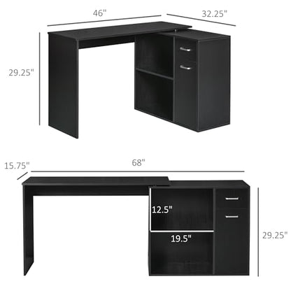 HOMCOM L Shaped Computer Desk 180° Rotating 47.25"x19.75"x 53.75", Black | Corner Desk, Storage Shelves, Drawer, Cabinet, Study Workstation, for Home Office