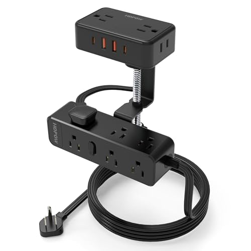 HOPOW 10 Ft Surge Protector Power Strip, Dual Layer Desk Clamp Power Strip & PD 20W USB C Flat Plug Power Strip with Individual Switches, for Home Office, Black