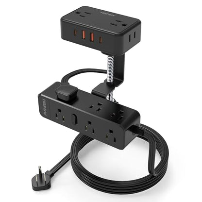 HOPOW 10 Ft Surge Protector Power Strip, Dual Layer Desk Clamp Power Strip & PD 20W USB C Flat Plug Power Strip with Individual Switches, for Home Office, Black