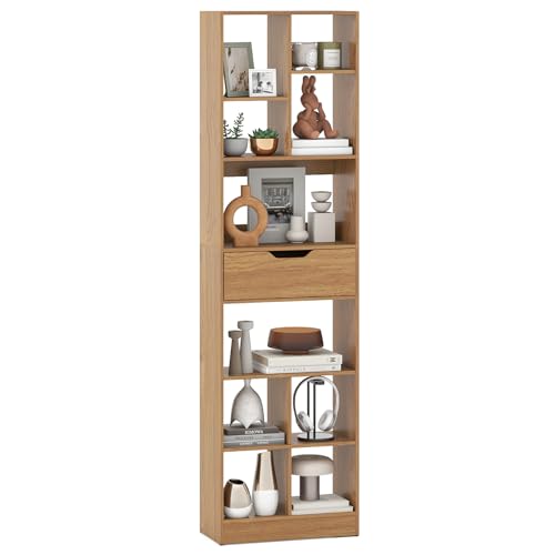 Giantex Bookcase with Drawer, 71" Tall Freestanding Storage Organizer with 7 Cubes, 8-Tier Multifunctional Open Bookshelf Display Rack with Anti-Tipping Kits for Living Room Home Office, Natural - color: Natural, size: 8-Tier