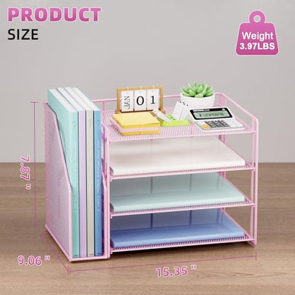 Marbrasse 4-Tier Paper Tray Organizer with File Holder, Pink | Sturdy Paper Tray, Built-in File Holder, fits Letters/Docs, Saves Desk Space, for School/Office/Home - color: Pink