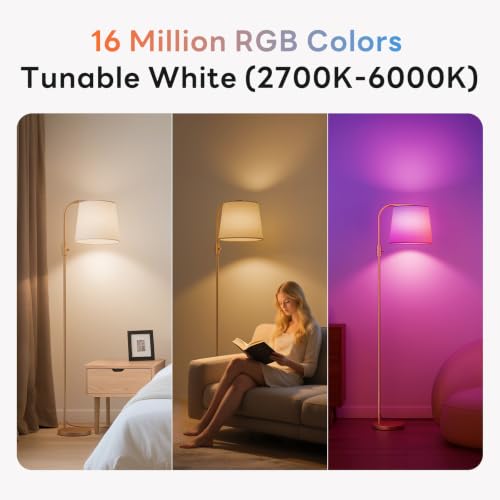 Smart RGB Arc Floor Lamp, 65", App Control, Compatible with Alexa | 2700K-6000K tunable white, 1%-100% dimmable, music sync, 1200lm, 350° swivel woven linen shade, no account required - color: Gold, size: 65"(App Control)