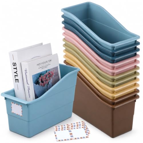12 Pack Large Book Bins, Durable Magazine Organizer File Holder Plastic Book Storage Bins with Labels for Classroom Library Office, Desktop Organization, Bookshelf Categorization (Retro) - color: Retro