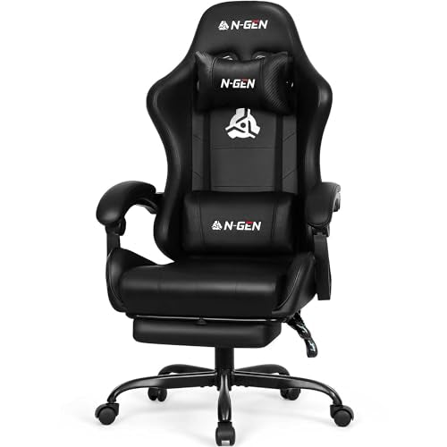 N-GEN GAMING Gaming Chair with Footrest, Lumbar, High-Back, Carbon Black | Reclining Backrest, Linkage Armrests, Durable PU Leather, Adjustable Comfort for Extended Computer, Desk, or Home Office Use - color: Carbon Black