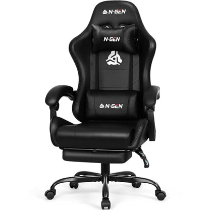 N-GEN GAMING Gaming Chair with Footrest, Lumbar, High-Back, Carbon Black | Reclining Backrest, Linkage Armrests, Durable PU Leather, Adjustable Comfort for Extended Computer, Desk, or Home Office Use - color: Carbon Black