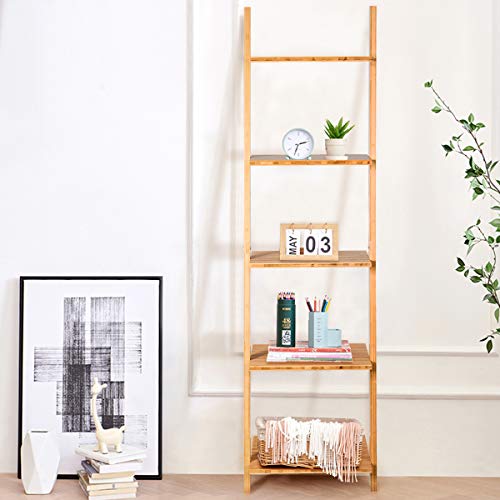 Tangkula Bamboo 5-Tier Ladder Shelf Bookshelf, Wall-Leaning Bookshelf, Plant Flower Stand, Storage Display Shelves for Living Room Bathroom Office, Multifunctional Ladder Bookcase (Natural) - size: 17" x 14" x 65" (L x W x H)