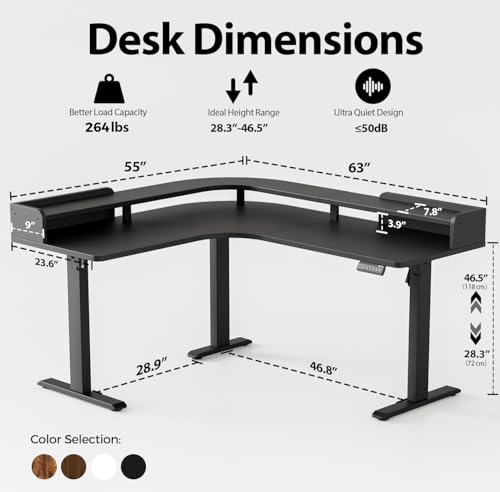 Agilestic L Shaped Standing Desk with Monitor Shelf, 63 Inch, Black - color: Black, size: 63 x 55 Inch with shelf