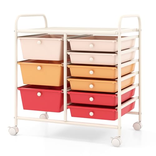 COSTWAY Rolling Storage Cart with 9 Drawer, Utility Cart with Metal Frame | Mobile Art Supply Craft Organizer, Multipurpose Storage Organizer for Paper, Office, School Teacher, Classroom, Macaron - color: Macaron, size: 9 Drawer