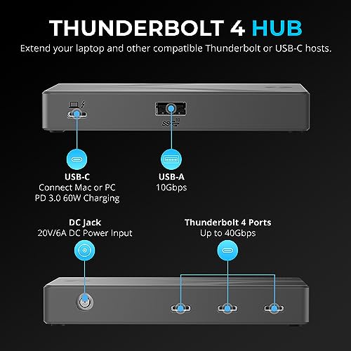 SABRENT Thunderbolt 4 Hub, 60W Charging, 3X TB4 + USB-A (HB-TBT4) | Dual 4K@60Hz or 8K@60Hz; certified TB4 cable; USB-C dock; macOS & Windows - style: Thunderbolt 4 Hub – 60W Charging
