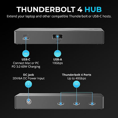 SABRENT Thunderbolt 4 Hub, 60W Charging, 3X TB4 + USB-A (HB-TBT4) | Dual 4K@60Hz or 8K@60Hz; certified TB4 cable; USB-C dock; macOS & Windows - style: Thunderbolt 4 Hub – 60W Charging