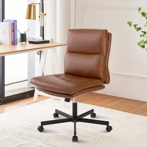 LUCKWIND Armless Office Desk Chair with Wheels, Mid-Back Criss Cross Swivel Task Chair, Height Adjustable Cushioned Vanity Chair, Double Padded PU-Leather Chairs for Home, Office & Bedroom (Brown) - color: Brown