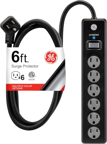 GE Surge Protector Power Strip,6 Ft Extension Cord,6 Outlet Extender,800 Joules,Flat Plug,Twist-to-Close Safety Covers,ETL Listed,Black,33661,(Pack of 10) - color: Black, size: 6 Ft (Pack of 10), style: 1 Pack