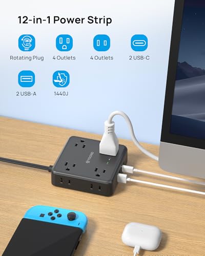 TROND 360° Rotating Flat Plug Power Strip 10ft, 8 AC & 4 USB (2U2C), Black - color: Black, size: 10FT, style: Rotating Plug-2U2C