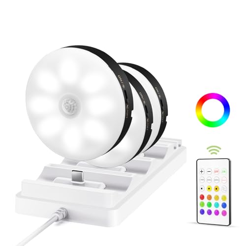 EZVALO Under Cabinet Lighting with Charging Station, 1000mAh Rechargeable Puck Lights with Remote, 3 Color Temps & 12 RGB Closet Lights, Dimmable Motion Sensor Lights for Shelf, Kitchen (3 Packs) - color: Black
