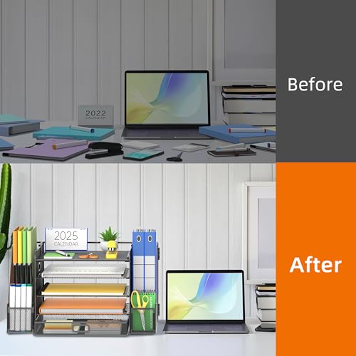 SUPEASY Mesh Desk Organizer with File Holder, 5-Tier Paper Letter Tray Organizer with Magazine Holder, Desktop Organizer and Storage with Drawer for Office Supplies Home or School (Black) | Two side magazine holders and a bottom drawer store papers, folde