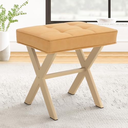 LUE BONA Vanity Stool, Square Linen Makeup Stool with Metal X Legs, Small Ottoman Stool Chair for Vanity, Modern Padded Vanity Seat Foot Rest Stool for Makeup Room, Bathroom, Honey Brown Color - color: Honey Brown