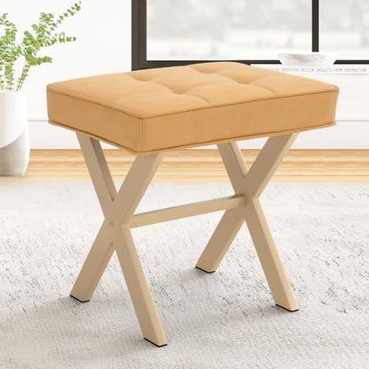 LUE BONA Vanity Stool, Square Linen Makeup Stool with Metal X Legs, Small Ottoman Stool Chair for Vanity, Modern Padded Vanity Seat Foot Rest Stool for Makeup Room, Bathroom, Honey Brown Color - color: Honey Brown