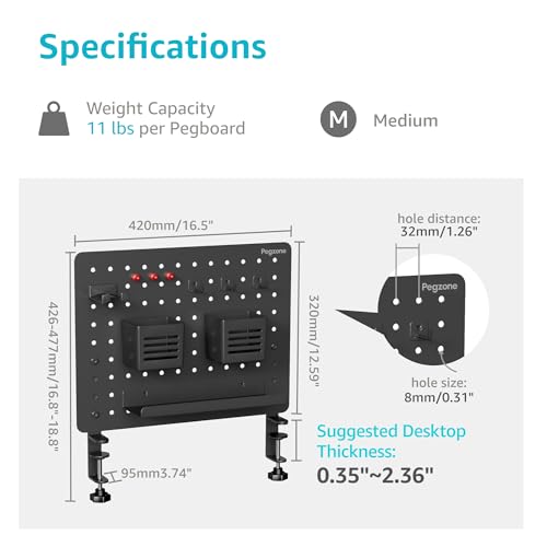 PEGZONE Clamp on Desk Pegboard, 16.5" x 12.6", with 10 Accessories, Black - color: Black, size: Medium