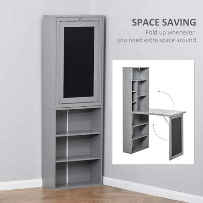 Grey Wood Wall Mounted Folding Desk with Bookshelf & Storage | Foldable Desks for Small Spaces, Pull Out Computer Desk with A Blackboard for Bedroom Apartment - color: Charcoal Grey
