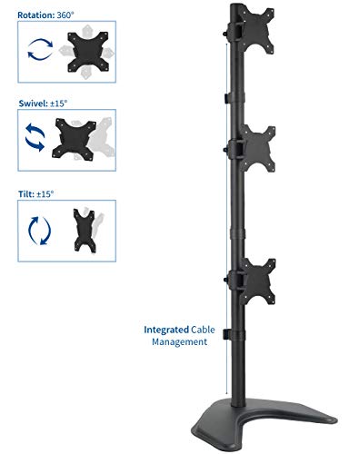VIVO Triple Monitor Desk Stand for 13 to 27 inch Screens, STAND-V003D | Black, Articulating, Freestanding Adjustable Monitor Arm, Vertical Computer Stand for 3 Monitors, Holds 22 lbs Each