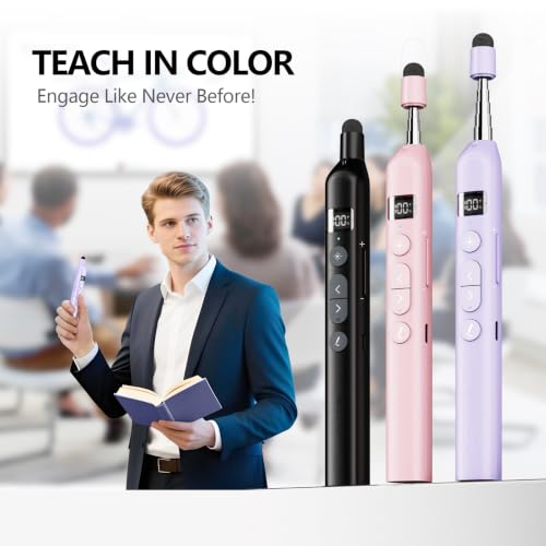 N21 Bluetooth Presentation Clicker for PowerPoint with Retractable Pointer | ①Laser Pointer②Telescopic touch pen③Countdown timer, vibration alert ④Customizable Button ⑤Rechargeable;battery level display - color: Purple - Red Pointer