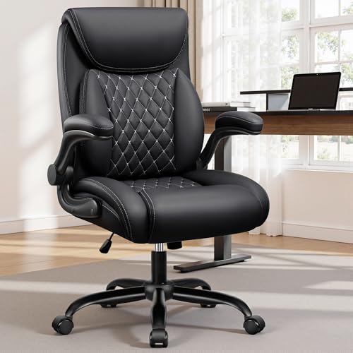 BESTFAIR Office Chair, Ergonomic Computer Desk Chairs with Lumbar Support for Lower Back Pain Relief, Executive Leather Home Chair Comfy with Padded Flip-up Armrests, Black - color: Black, size: 1 Pack