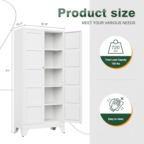 Letaya 71" H Metal Storage Cabinet with 2 Doors and 4 Shelves,Tall Kitchen Pantry Cabinets,Utility Pantry Organizers for Cupboard/Dining/Bathroom/Home Office/Garage (White, 71" H x 16" D x 32" W) - color: White, size: 16" D x 32" W x 71" H-C