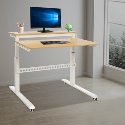 2-Tier Standing Desk Adjustable Crank Height Computer Desk with Wheels | Adjustable Crank Height, 2-Tier Spacious Desktop, Cable Management Holes, Sturdy Steel Frame, Mobile Wheels for Home Office U