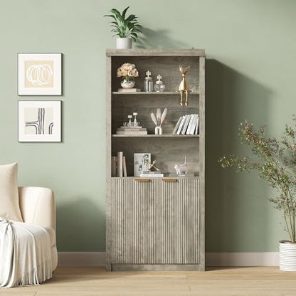 Modern Tall Book Shelf and Bookcase, 31.5"Wide Bookshelf with Doors, Farmhouse Book Case with Adjustable Top Shelf, Wood Storage Cabinet with 5 Tier Display Shelves for Home Office, Living Room,Grey | Farmhouse Book Case with Storage, Wood Storage Cabinet